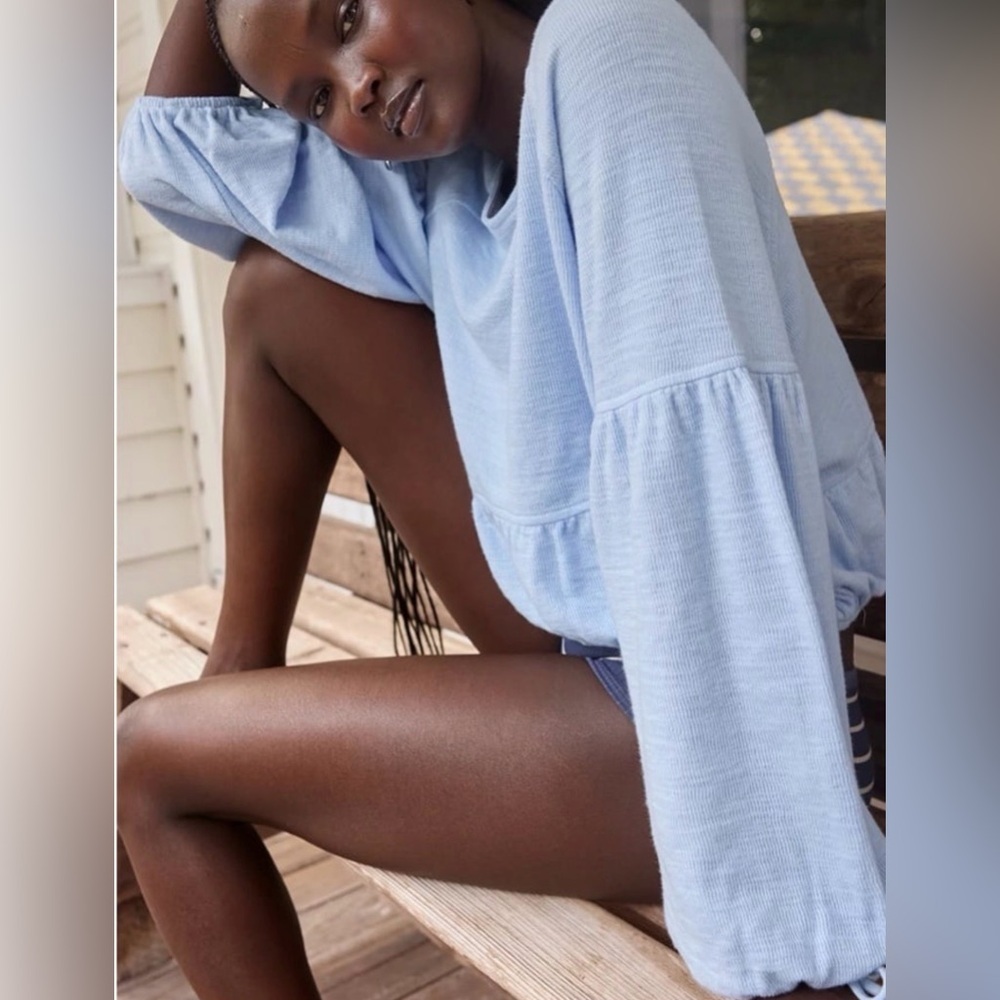 aerie Light Blue Off-Shoulder Cropped Sweatshirt